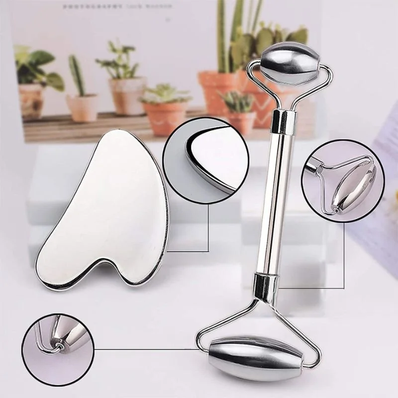 inSPORTline Masážní kovový set Face roller a Gua Sha Comesta Set